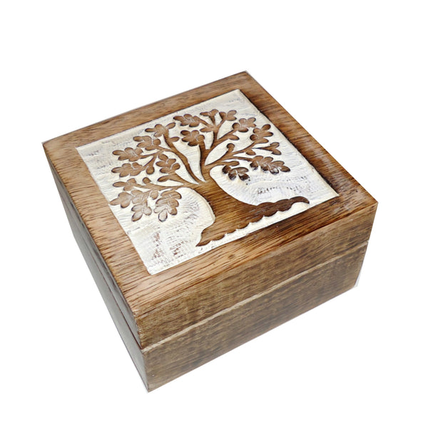 Carved mango wood box with white-washed tree design and hinged lid available at Cerulean Arts.