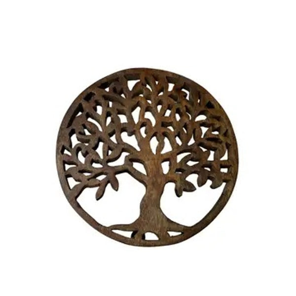 Carved mango wood trivet with tree design, available at Cerulean Arts.