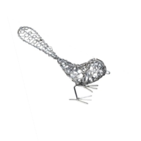 Chrome bird sculpture created using recycled wire, available at Cerulean Arts.