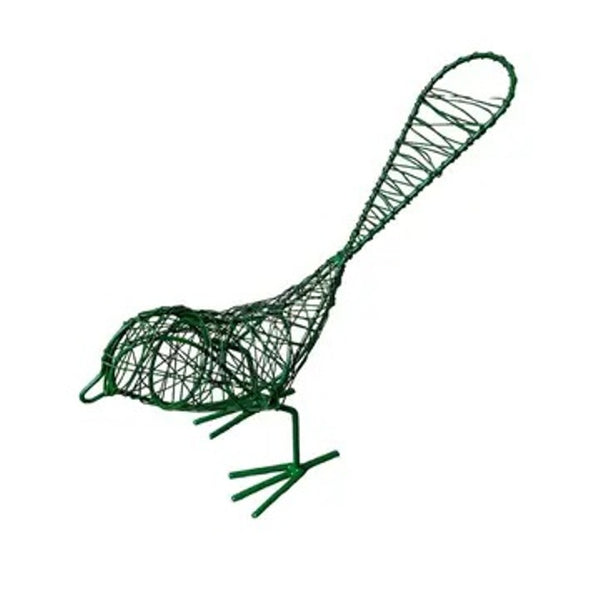 Green bird sculpture created using recycled wire, available at Cerulean Arts.