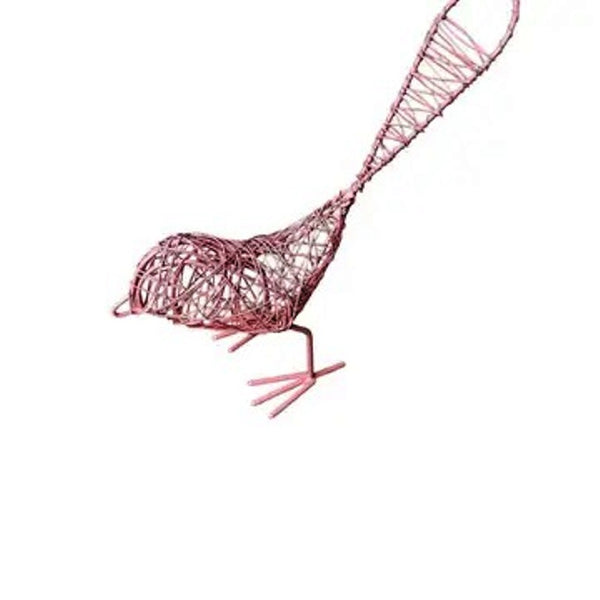 Pink bird sculpture created using recycled wire, available at Cerulean Arts.