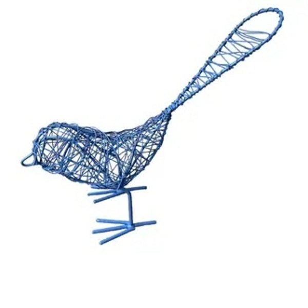 Blue bird sculpture created using recycled wire, available at Cerulean Arts.