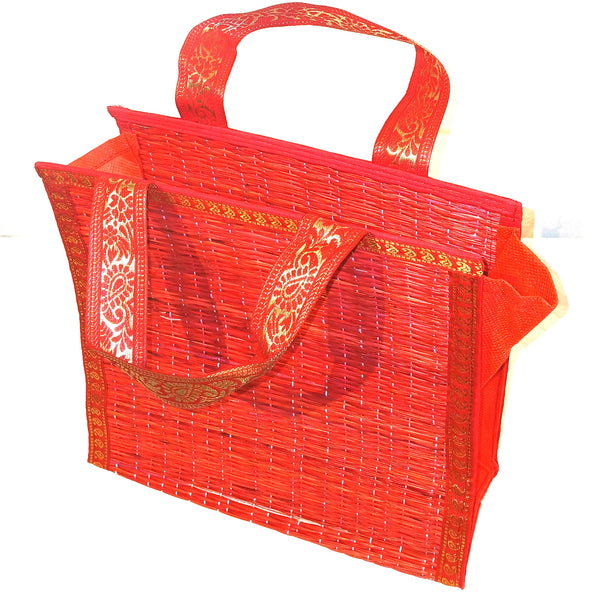 Red woven bag with decorative handles 