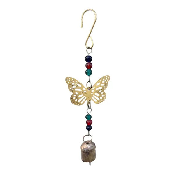 Decorative hanging ornament with a butterfly design, beads, and a bell 
