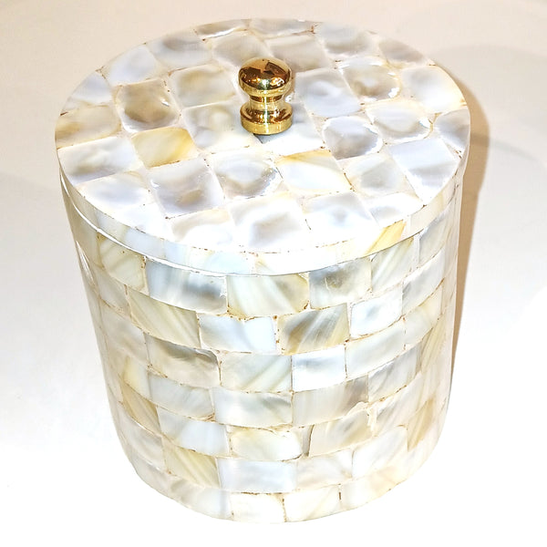 Decorative container with shell inlay and gold accent on lid