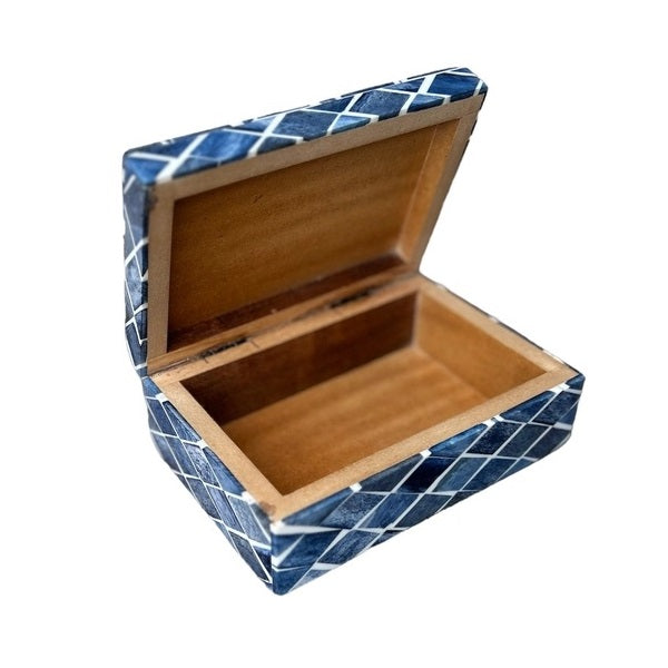 Wooden box with blue geometric patterned lid and base 
