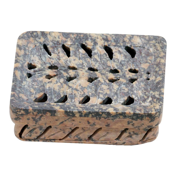A rectangular stone soap dish with a carved perforated top and a carved base, featuring a mottled brown, beige, and gray granite-like pattern, shown on a plain white background.