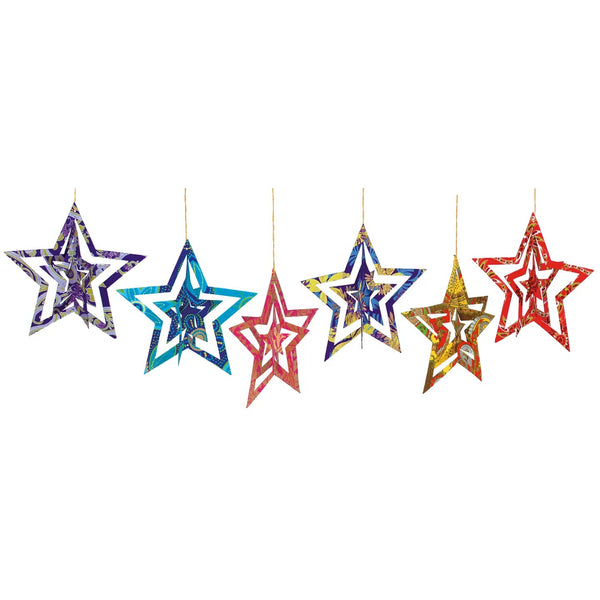 Six star-shaped origami ornaments is various colors and patterns.