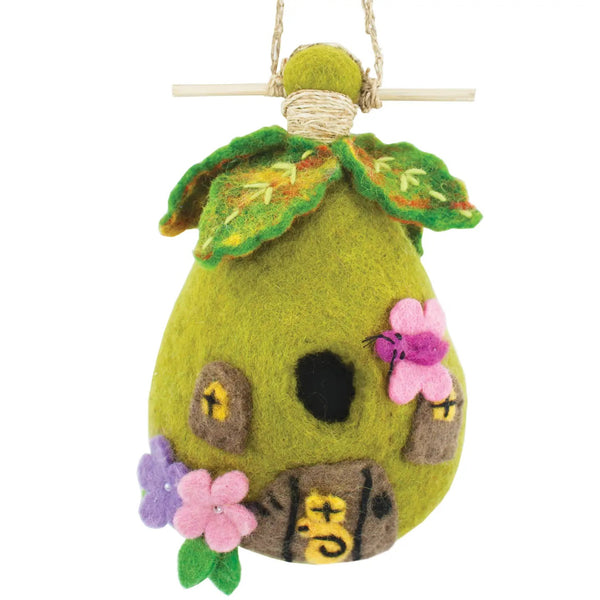 Green felted fairy birdhouse with floral decorations.