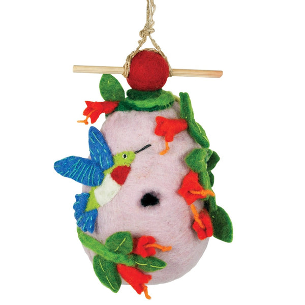 Decorative felt birdhouse with colorful hummingbird and flowers.