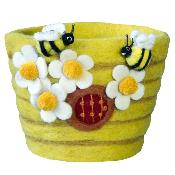 Yellow felt pot with flowers and bees.