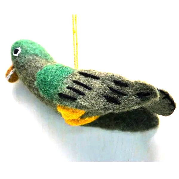 Felted bird ornament with green back and gray body
