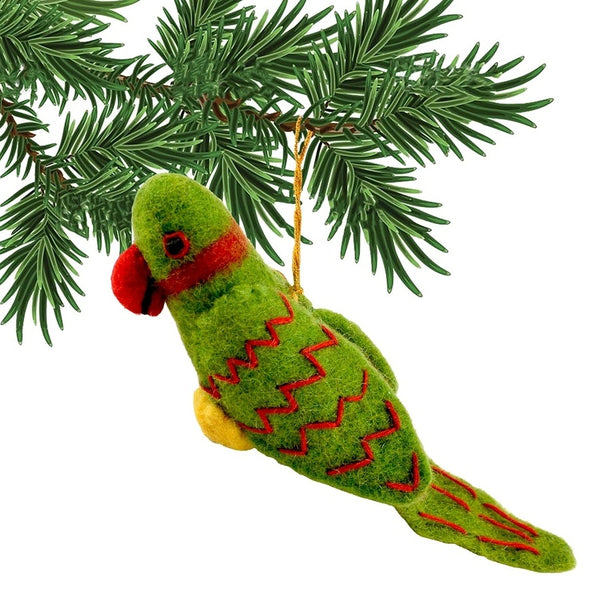 Green parrot ornament with red details 