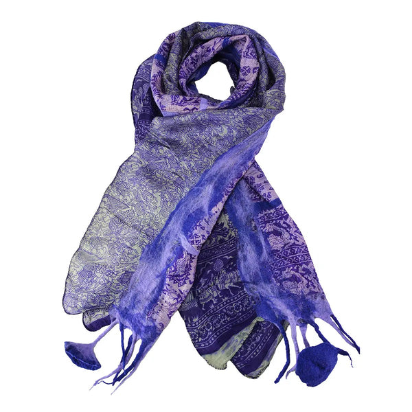 Blue patterned scarf with tassels 