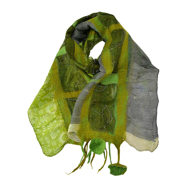 Green  patterned scarf with tassels