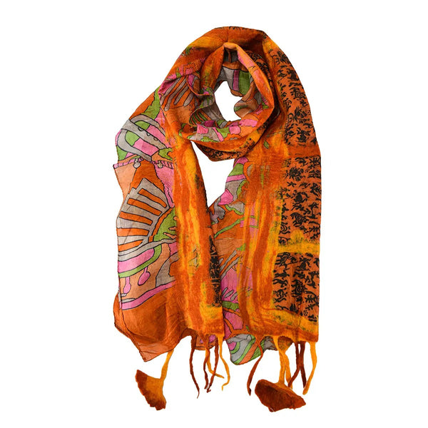 Orange patterned scarf with tassels