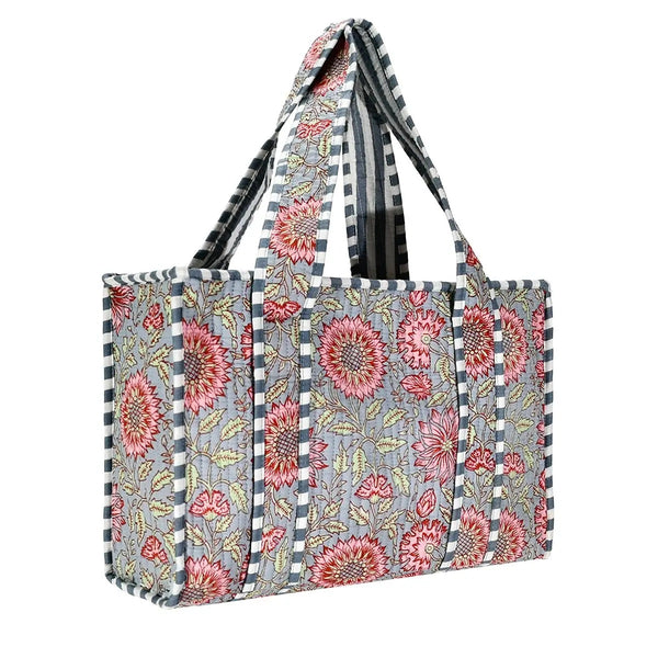Cotton Block Print Tote Bag - Large Gray