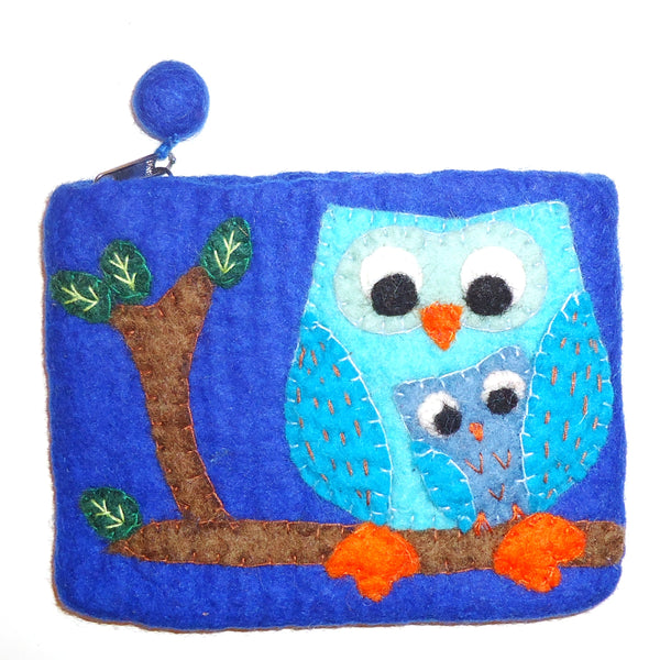 Blue coin purse with an owl and baby sitting on a branch