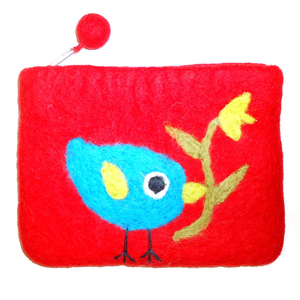 Red pouch with a blue bird and yellow flowers design 