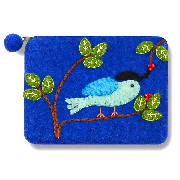Blue felted pouch with an embroidered bird design 
