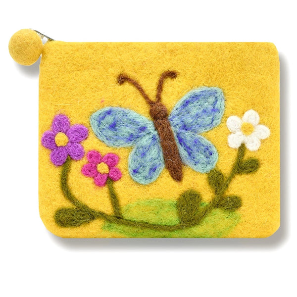 A yellow felt pouch with a zipper and pom-pom closure, featuring a handcrafted felt design of a blue butterfly, green leaves, and purple and white flowers.