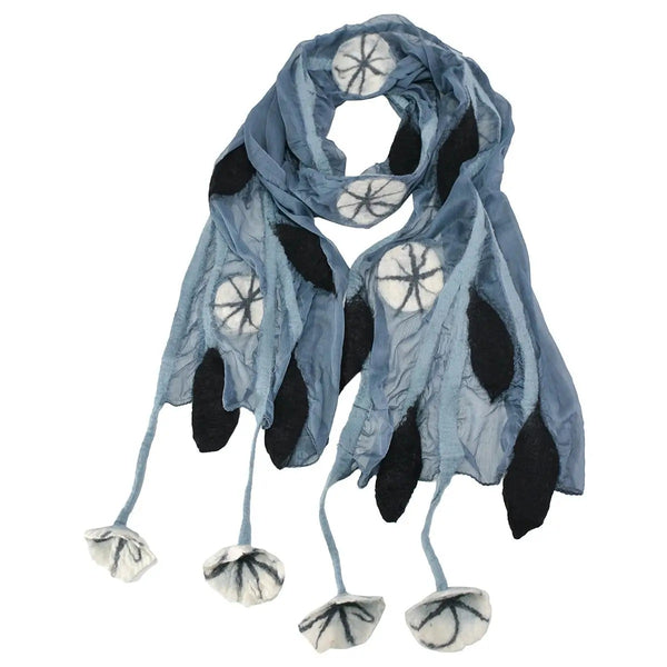 Grey scarf with black and white floral patterns 