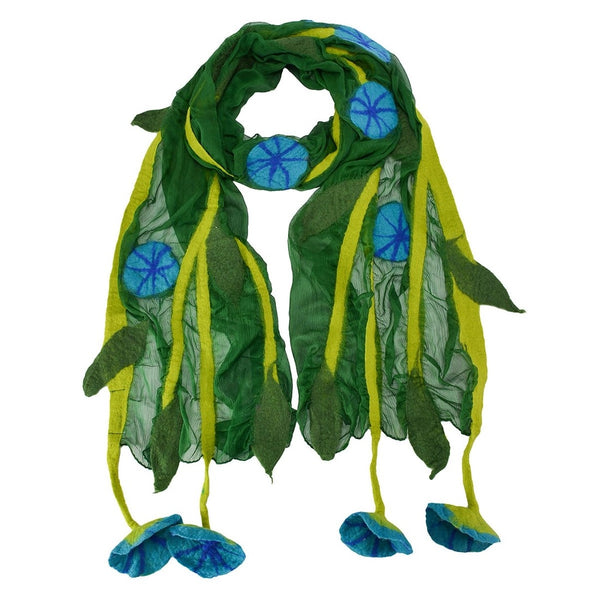 A green chiffon scarf with felted blue flower motifs and leaf-like accents.