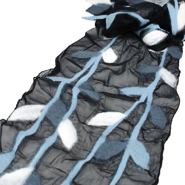 Sheer chiffon black scarf with a felted leafy vine pattern in light blue and white.