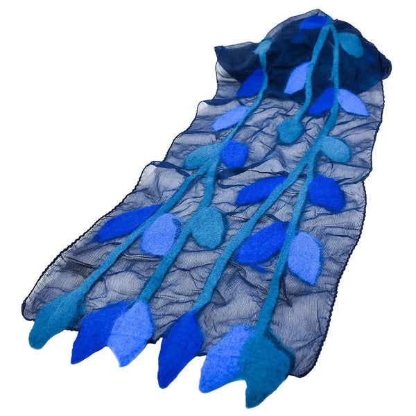 A sheer blue chiffon scarf featuring a prominent blue felted leafy vine pattern.