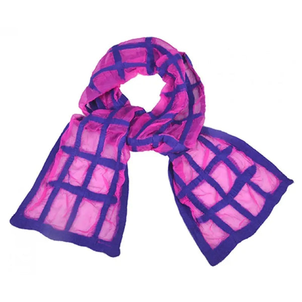 Chiffon scarf with a vibrant pink base and a bold purple grid pattern.