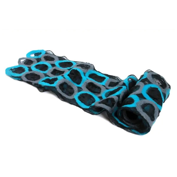 A sheer black chiffon scarf with a vibrant  felted turquoise blue and dark gray circle pattern.