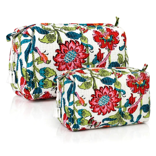 Two fabric zippered pouches with a colorful floral print.