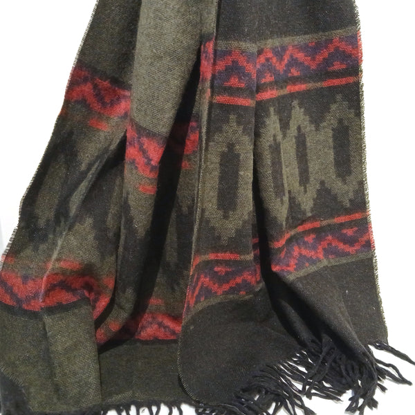 Green and black with red patterned scarf with fringes 