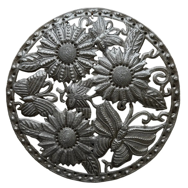 Haitian Metal Sculpture: Butterfly and Sunflower Garden
