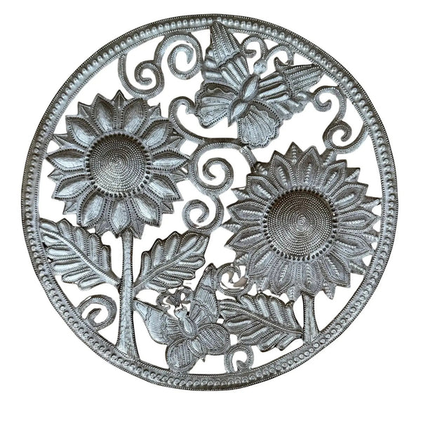Decorative metal wall art with sunflowers, butterflies, and leaves 