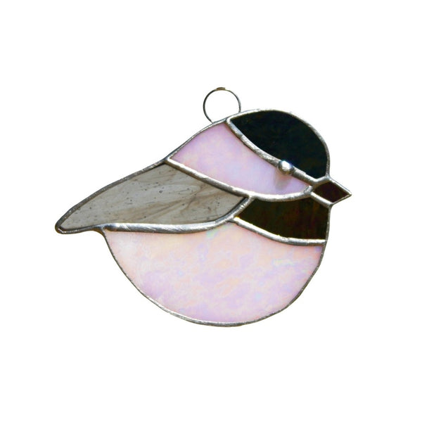 Stained glass chickadee in gray, black and white.