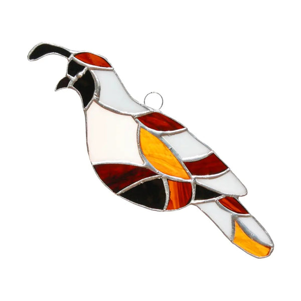 Stained glass quail in brown, orange and white colors.