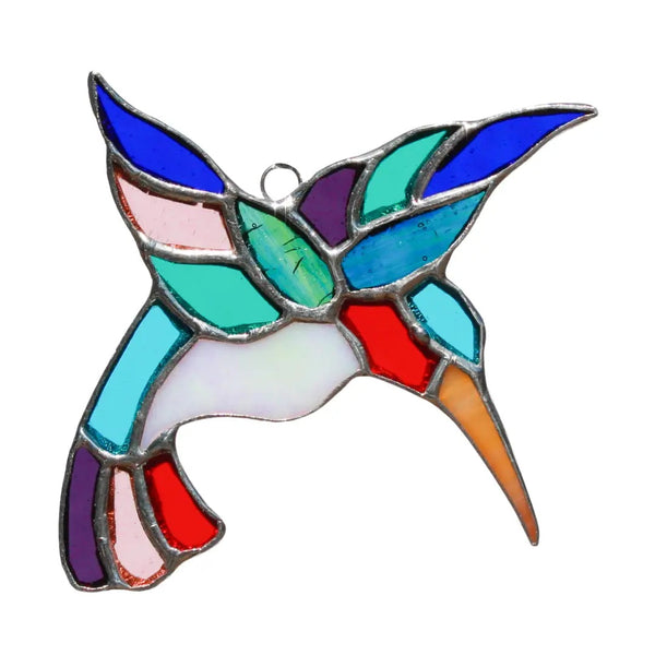 Stained glass ruby-throated hummingbird in blues with red.