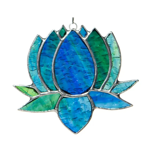 Stained glass lotus flower in peacock blue.