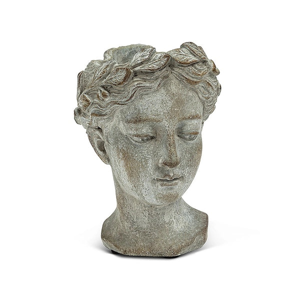 Woman's head with laurel leaf crown planter made of gray cement.