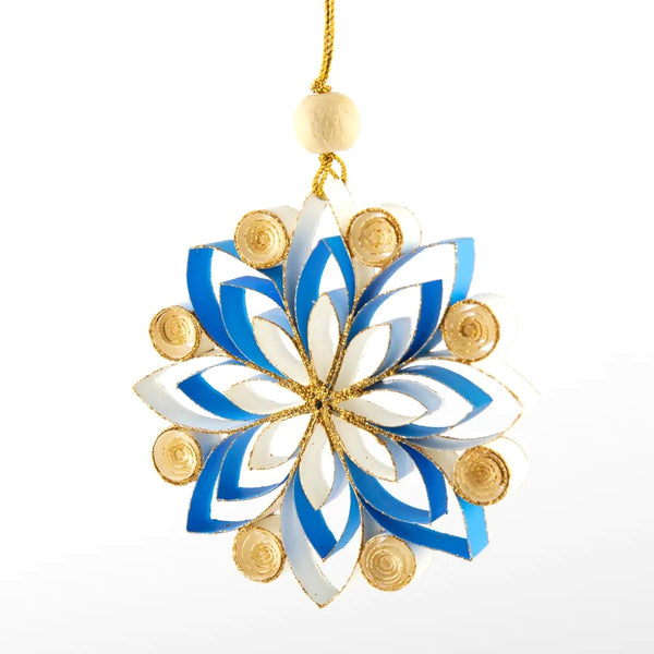 Quilling Snowflake "Neve" Ornament - White/Azure with Gold Glitter