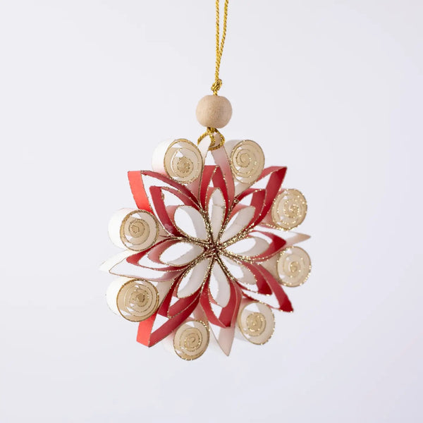 Quilling Snowflake "Neve" Ornament - White/Red with Gold Glitter