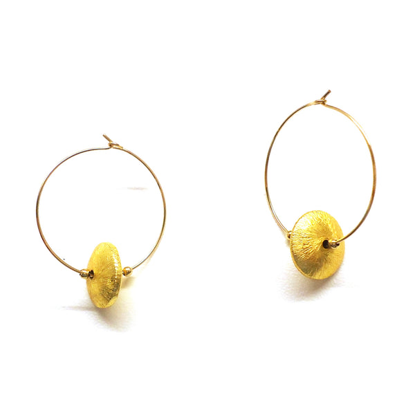 14K gold filled (gold over brass) French hoops with brushed gold plated (gold over copper) discs, available at Cerulean Arts. 