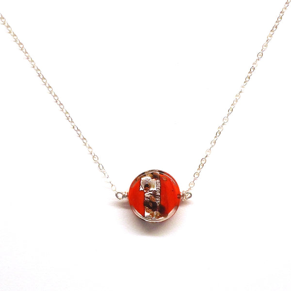 Sterling silver chain & clasp necklace with red & silver leopard Murano glass pendant, available at Cerulean Arts.  