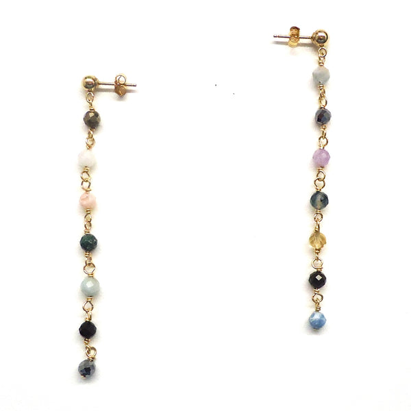 14K gold filled (gold over brass) post earrings with faceted wire wrapped mixed gemstones, available at Cerulean Arts.  