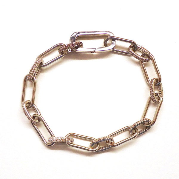 Rhodium plated (rhodium over brass) smooth & crystal faceted chain push clasp bracelet, available at Cerulean Arts.  
