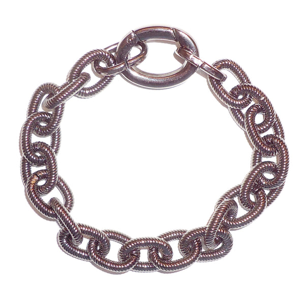 Large textured gunmetal plated (copper/tin/zinc over brass) link bracelet with push clasp, available at Cerulean Arts. 