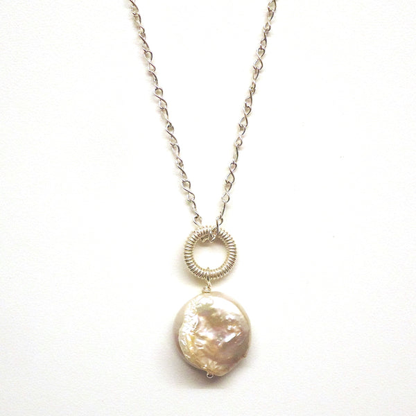 Sterling silver chain & clasp necklace with removable silver plated link coin pearl pendant, available at Cerulean Arts.  