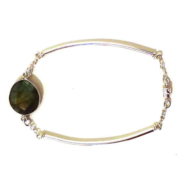 Sterling silver plated (silver over copper) bar &amp; labradorite accent bracelet with sterling silver chain and magnetic clasp, available at Cerulean Arts.