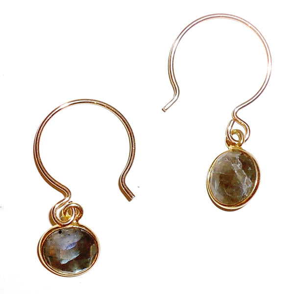 14K gold filled French hoops with gold set round faceted labradorite drops, available at Cerulean Arts.